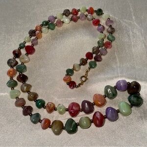 Vintage Graduated Lucite Marbled Stone Multicolor Beaded Necklace Gold Spacers